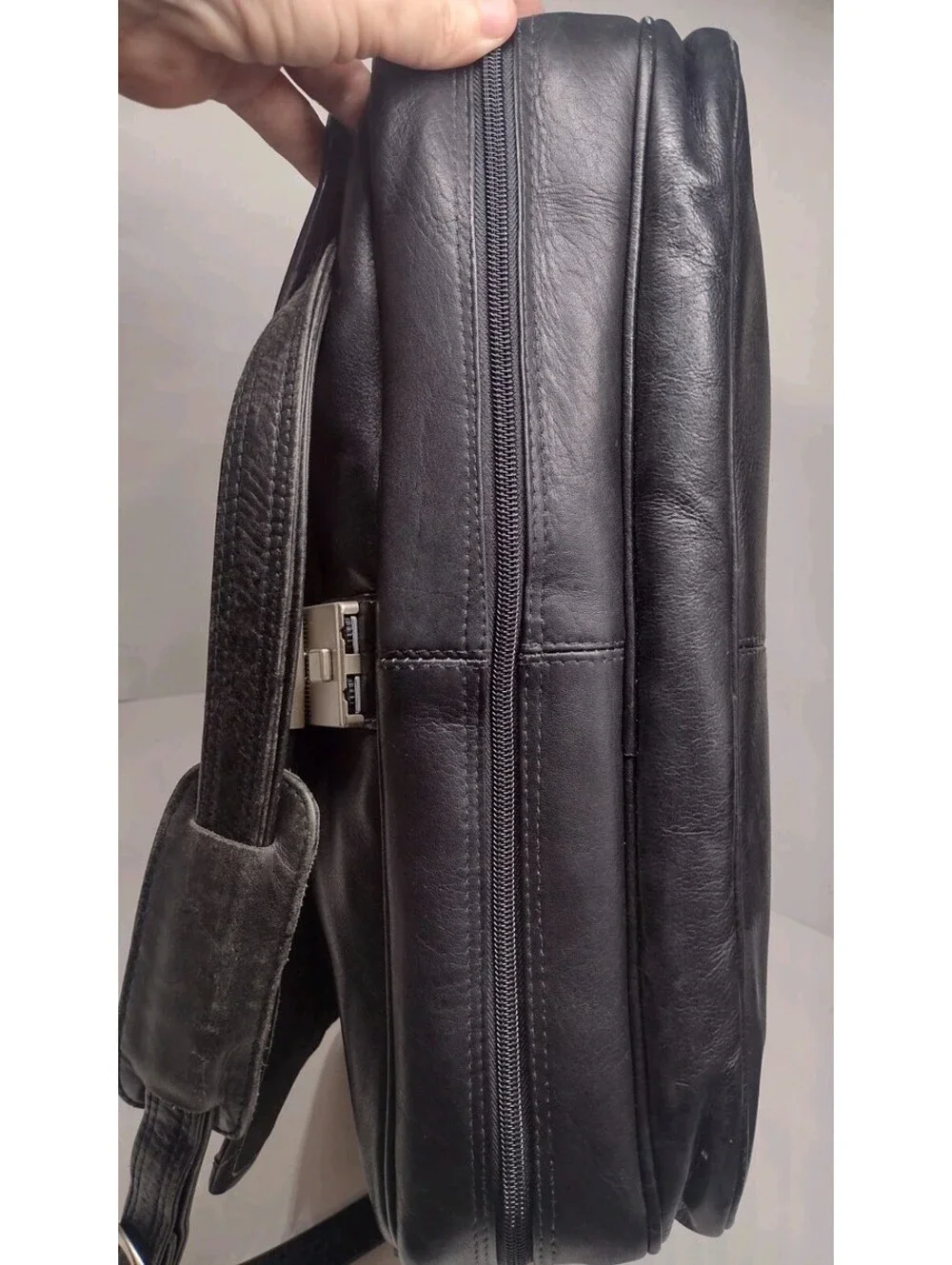 90s Black Genuine Leather Expandable Briefcase Amiet Swiss Lock Executive Bag